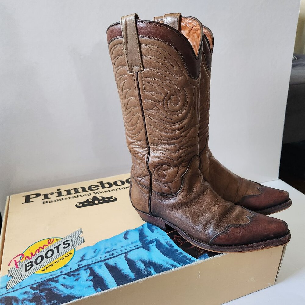 Genuine Leather Cowboy Western Boots Brown Taupe Made In Spain size 37